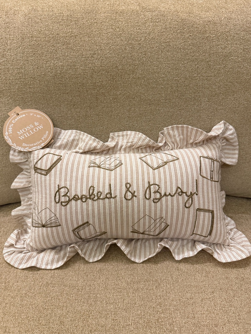 Booked and & Busy Pinstripe Striped Decorative Pillow Moss & Willow NWT